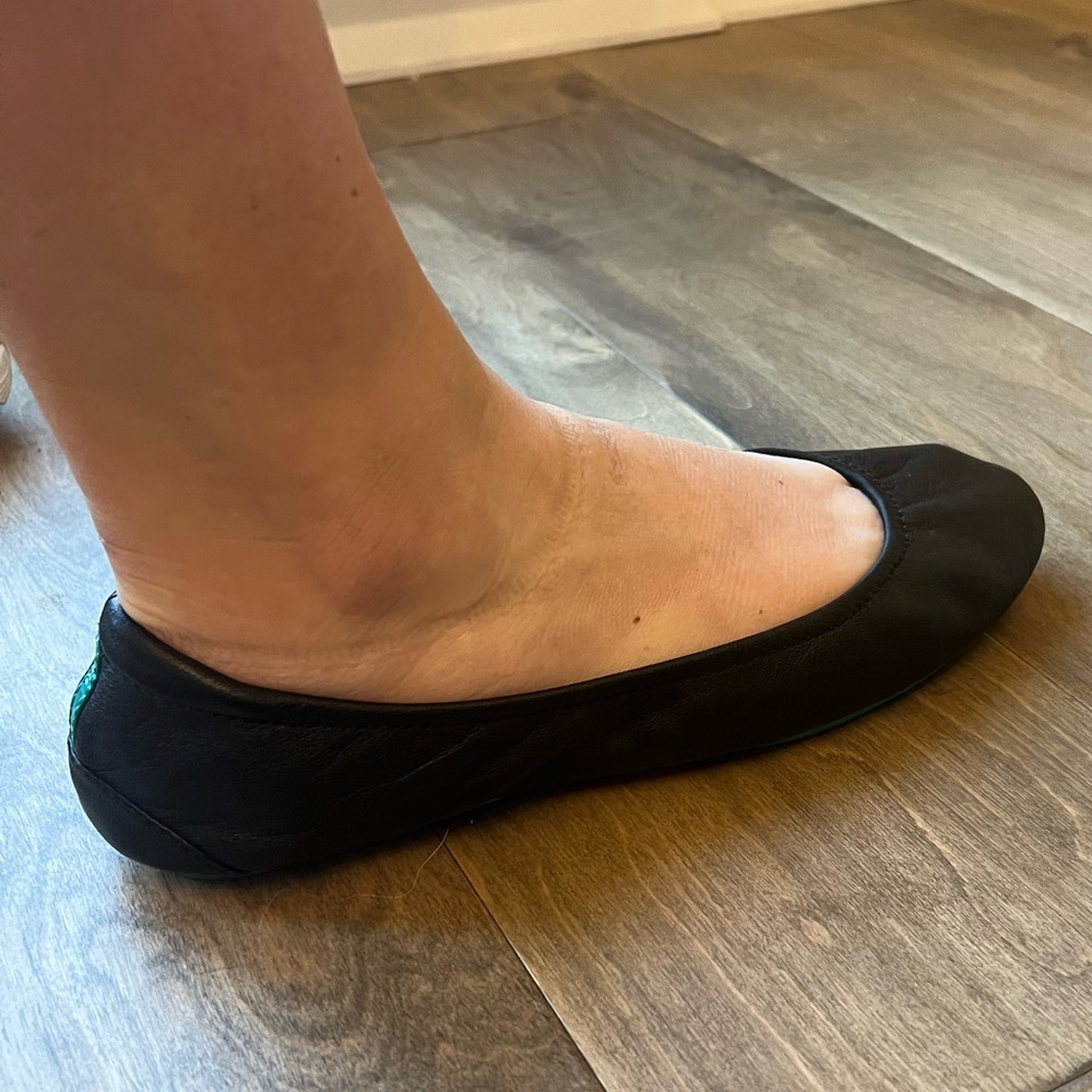 Tieks Black Leather Ballet Flats with Teal Heel Tabs - Picture 6 of 7
